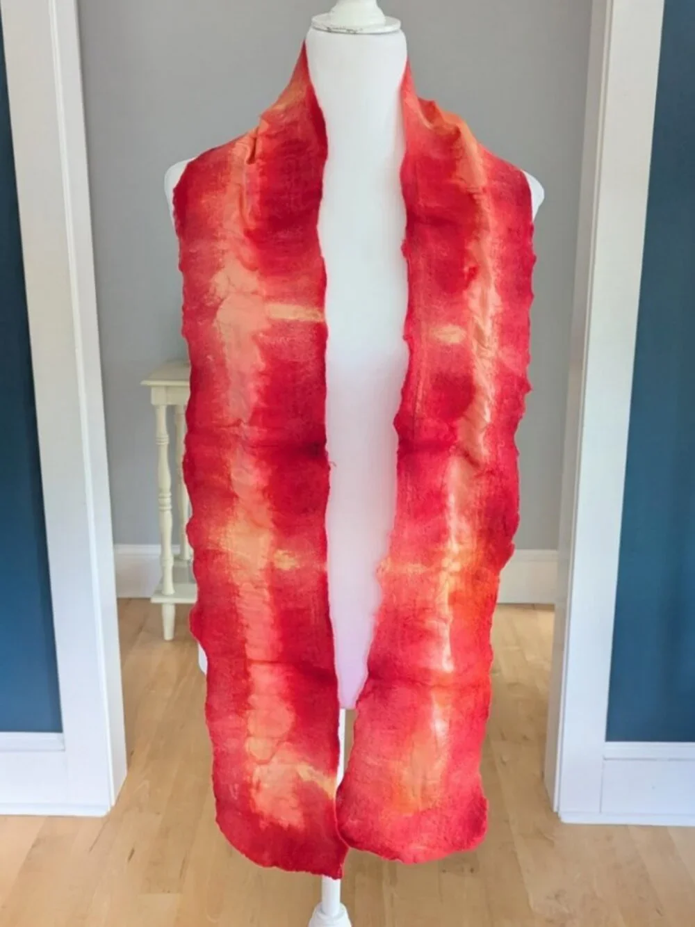 Handmade Wool Wet Felted and Silk Scarf Long OOAK Red Orange Yellow Boho